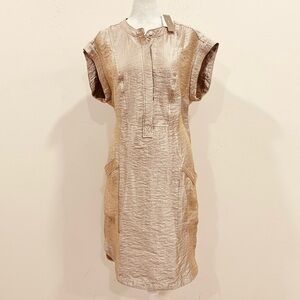 J.‎ Crew Soft Lamé Gold Metallic Shift Shirt Dress Cap Sleeve Pockets 10T NWT